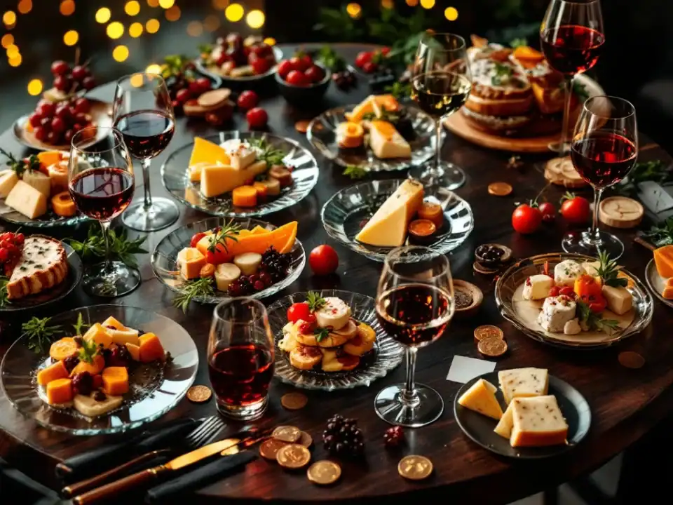 Luxe wijn arrangement van bovenaf met gourmet hapjes, kazen en wijnglazen op donkere houten tafel in restaurant