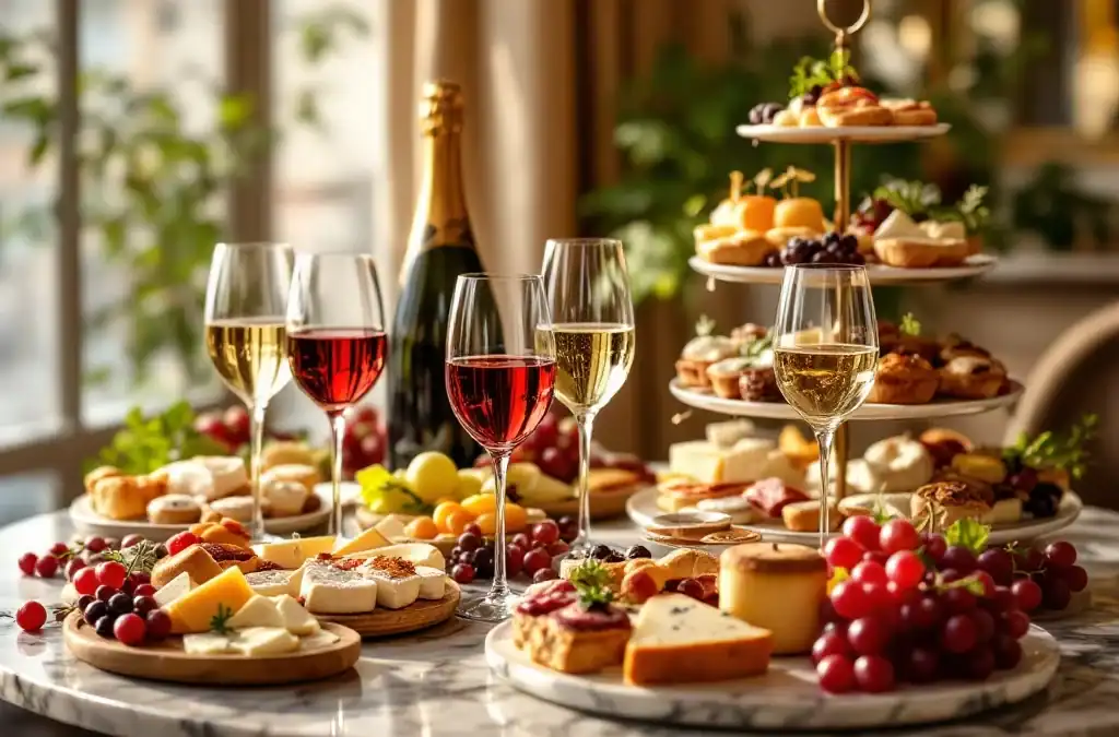 Luxe wijn arrangement met kristallen glazen, gourmet hapjes en kazen op marmeren tafel in gouden licht