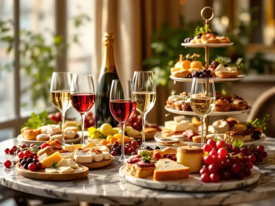 Luxe wijn arrangement met kristallen glazen, gourmet hapjes en kazen op marmeren tafel in gouden licht
