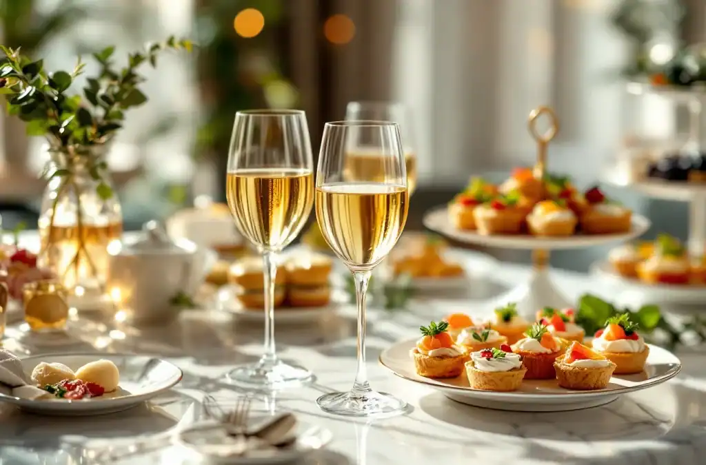 Elegante wijnservice met kristallen glazen gouden witte wijn en gourmet canapés op wit marmeren oppervlak