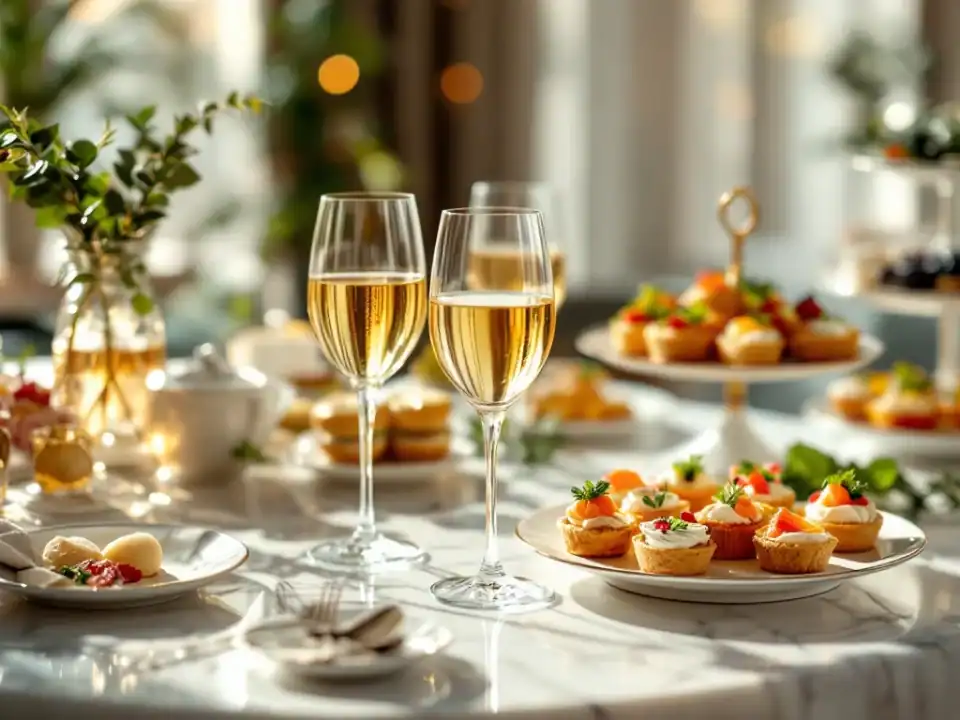Elegante wijnservice met kristallen glazen gouden witte wijn en gourmet canapés op wit marmeren oppervlak