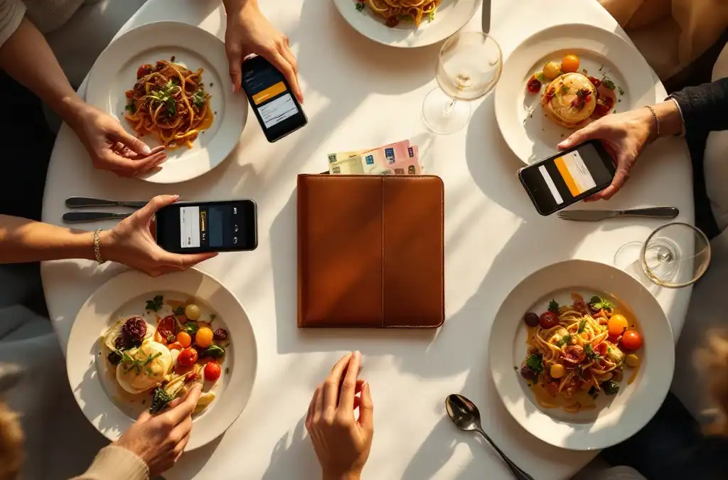 Restauranttafel bij Villa Flora met gourmetgerechten, wijnglazen, smartphones met betaalapps en euro bankbiljetten