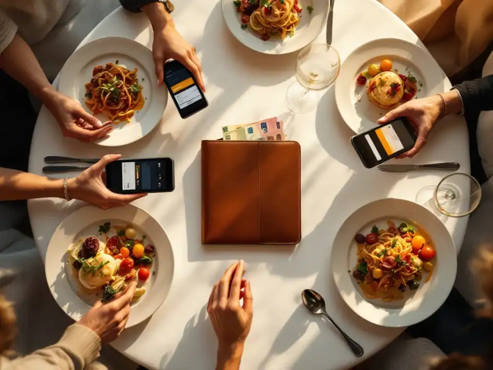 Restauranttafel bij Villa Flora met gourmetgerechten, wijnglazen, smartphones met betaalapps en euro bankbiljetten
