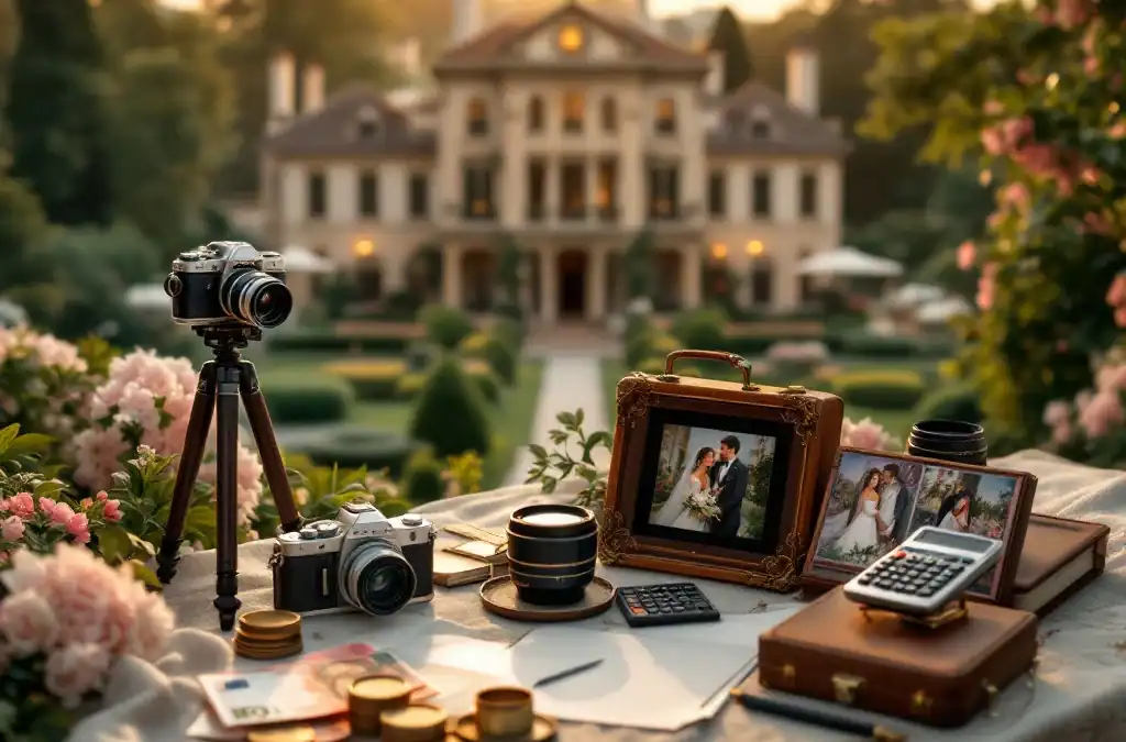 Luchtfoto van historische villa met trouwopstelling, vintage fotoapparatuur en rekenmachine voor budgetplanning