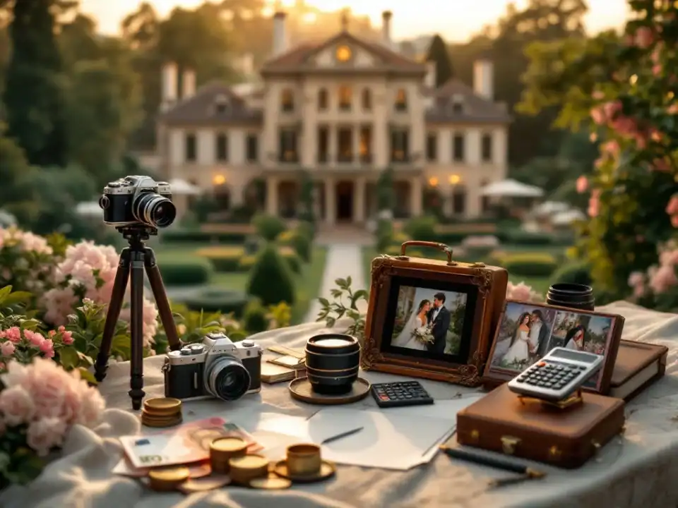 Luchtfoto van historische villa met trouwopstelling, vintage fotoapparatuur en rekenmachine voor budgetplanning
