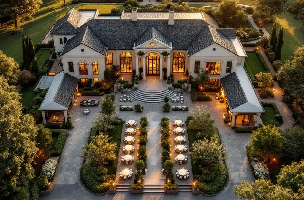 Luchtfoto van luxe trouwlocatie met villa, ceremonieplek, terras, tuinen en parkeergelegenheid in gouden uurtje