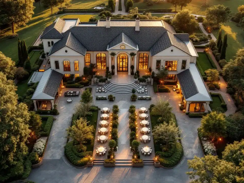 Luchtfoto van luxe trouwlocatie met villa, ceremonieplek, terras, tuinen en parkeergelegenheid in gouden uurtje