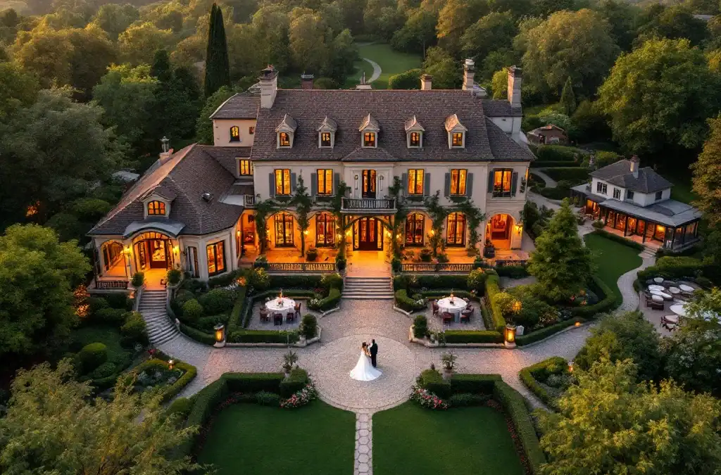 Luchtfoto van historische villa met bruiloftsopstelling en diverse accommodaties: boutique hotel, B&B's en moderne villa's