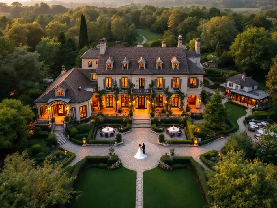 Luchtfoto van historische villa met bruiloftsopstelling en diverse accommodaties: boutique hotel, B&B's en moderne villa's