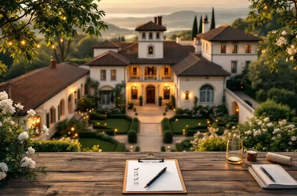 Elegante historische villa met terracotta dak en tuinen tijdens gouden uur, huwelijkslocatie met checklist op tafel