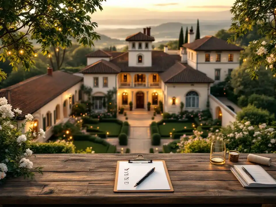 Elegante historische villa met terracotta dak en tuinen tijdens gouden uur, huwelijkslocatie met checklist op tafel