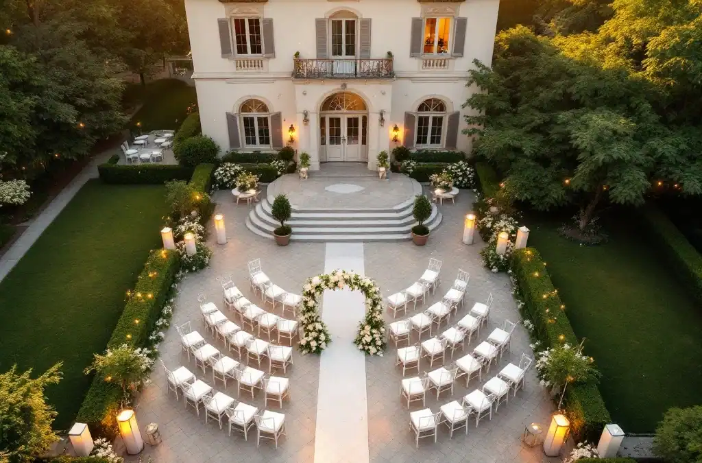 Luchtfoto van intieme bruiloft setup in Villa Flora's historische tuinen met witte stoelen en bloemenboog