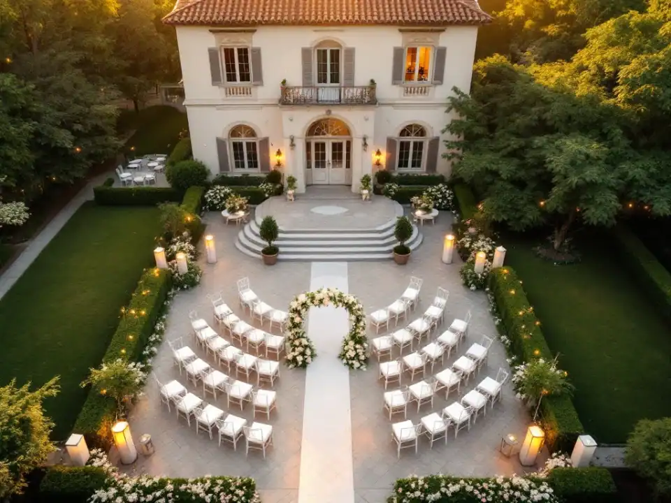 Luchtfoto van intieme bruiloft setup in Villa Flora's historische tuinen met witte stoelen en bloemenboog