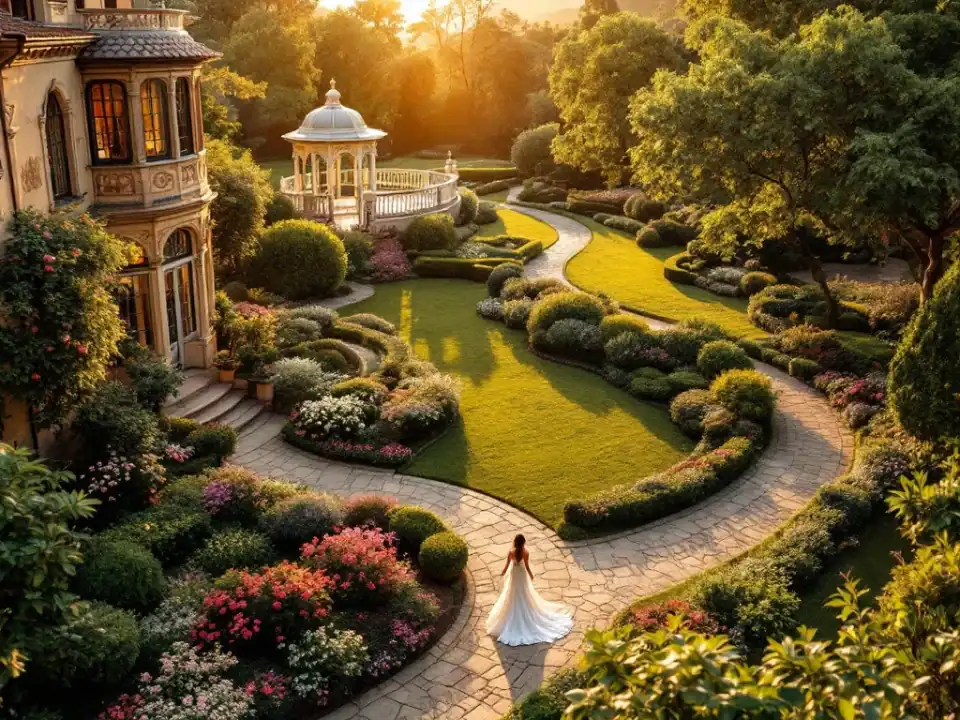 Luchtfoto Villa Flora's tuinen tijdens gouden uur met bruid op stenen pad, gazebo's en bloeiende bloemen voor trouwfoto's