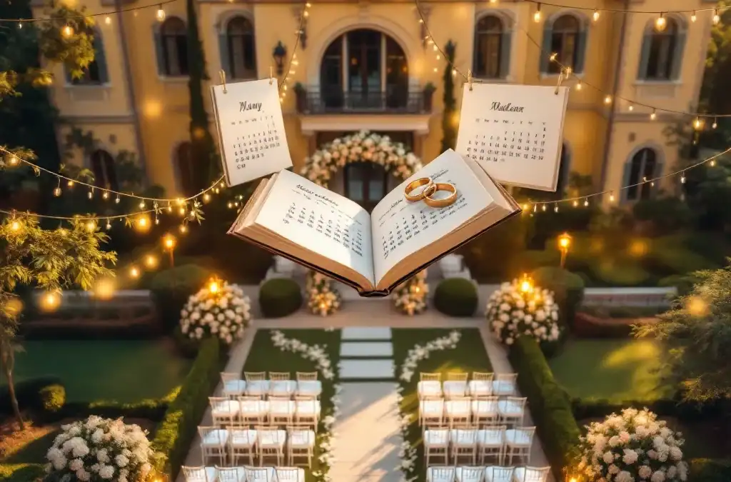 Luchtfoto van historische villa met elegante bruiloftopstelling, witte stoelen en bloemenboog in gouden avondlicht