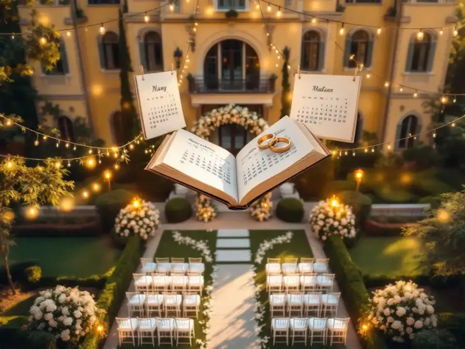 Luchtfoto van historische villa met elegante bruiloftopstelling, witte stoelen en bloemenboog in gouden avondlicht