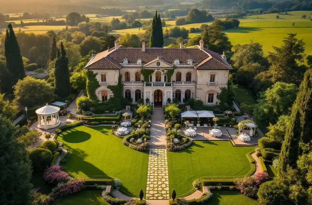 Luchtfoto van Villa Flora's historische gebouw met gemanicuurde tuinen en romantische ceremonieplekken tijdens gouden uur