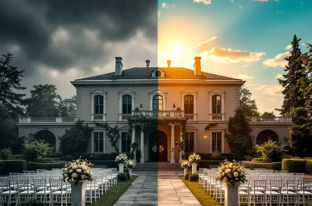 Villa Flora historisch gebouw bij storm en zonneschijn met bruiloft opstelling, dramatische weersomstandigheden contrast