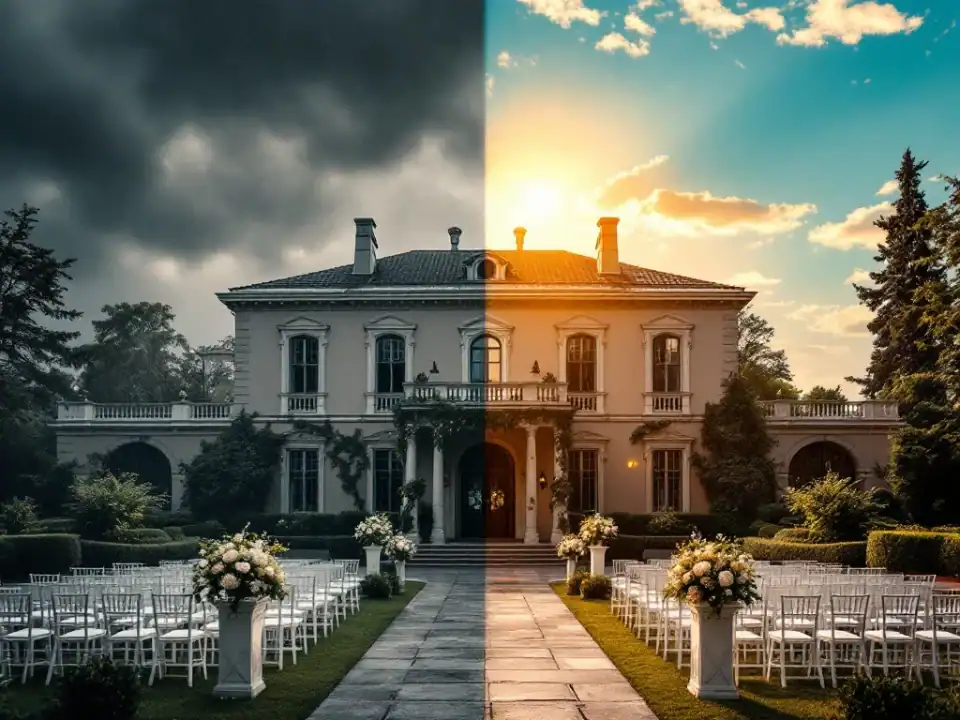 Villa Flora historisch gebouw bij storm en zonneschijn met bruiloft opstelling, dramatische weersomstandigheden contrast