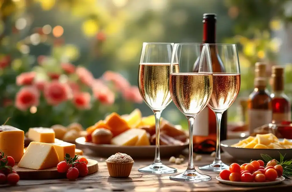 Kristallen wijnglazen met witte wijn, rosé en champagne op rustieke houten tafel met kaas en charcuterie bij Villa Flora