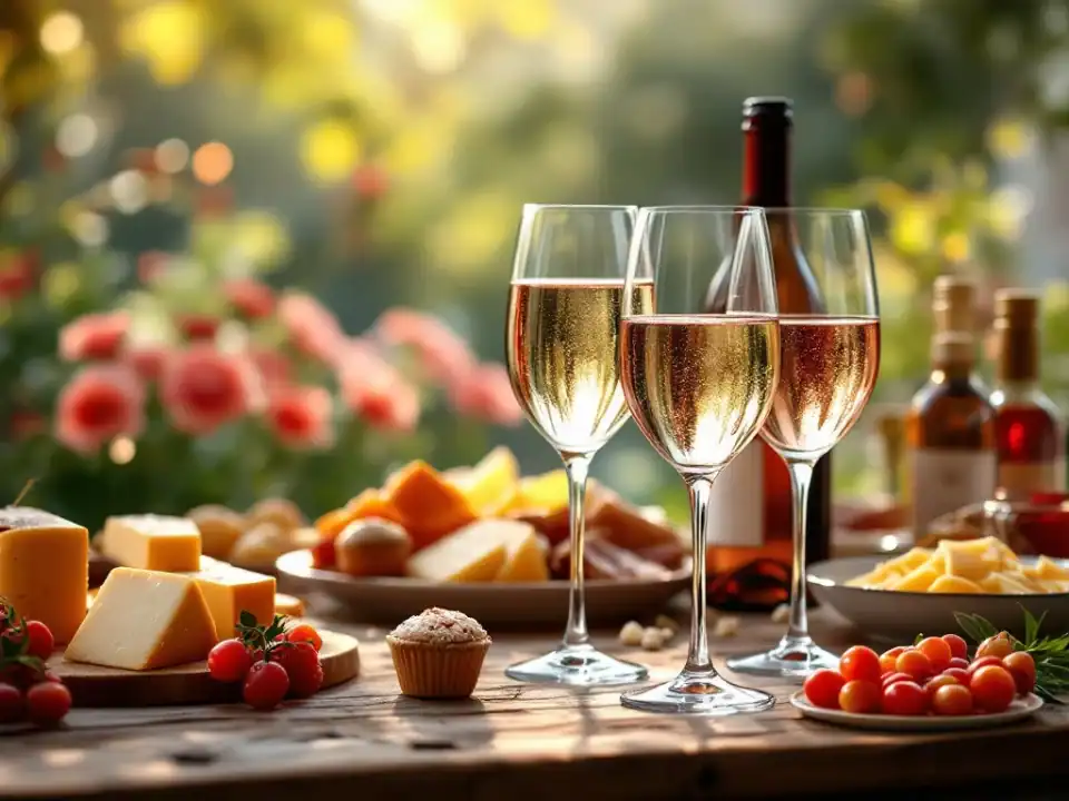 Kristallen wijnglazen met witte wijn, rosé en champagne op rustieke houten tafel met kaas en charcuterie bij Villa Flora