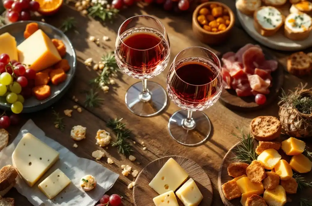 Glazen rode en witte wijn met kaas, charcuterie en hapjes op rustieke houten tafel, bovenaanzicht