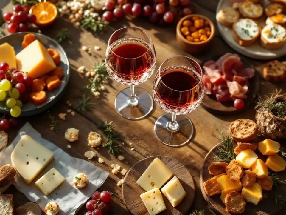 Glazen rode en witte wijn met kaas, charcuterie en hapjes op rustieke houten tafel, bovenaanzicht