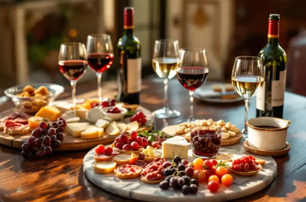 Luxe wijnproeverij met rode en witte wijnen, kaasplank en charcuterie op houten tafel in historische villa