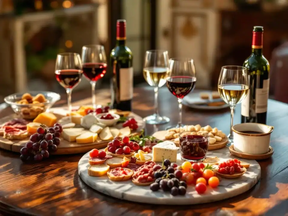 Luxe wijnproeverij met rode en witte wijnen, kaasplank en charcuterie op houten tafel in historische villa
