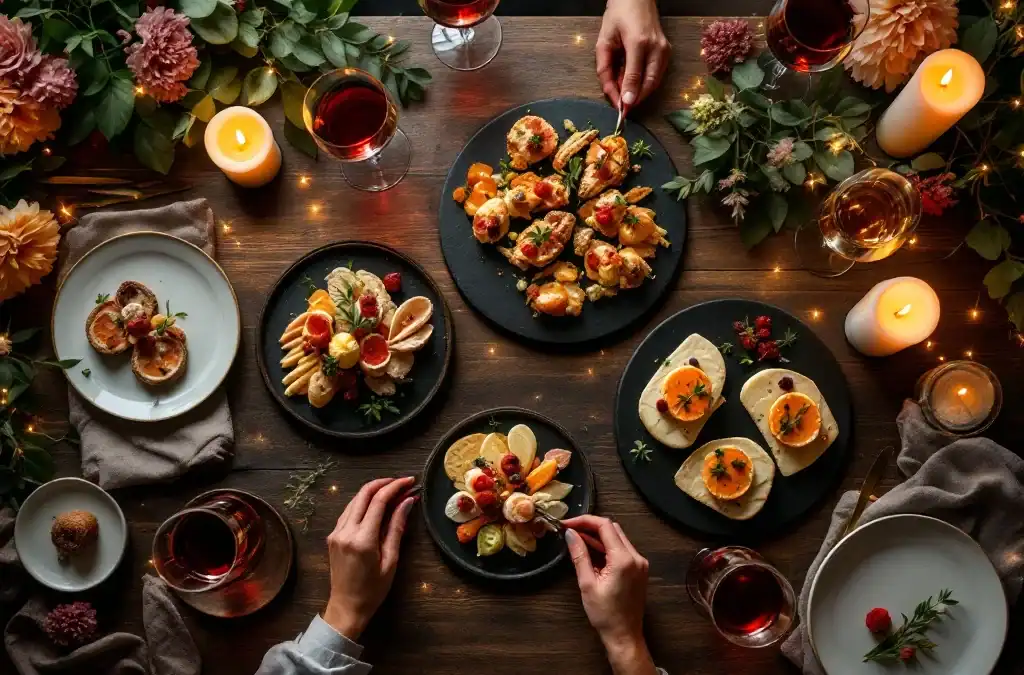Luxe wijnproeverij van bovenaf met rode en witte wijnen, gastronomische hapjes op leisteen borden en warme kaarslicht