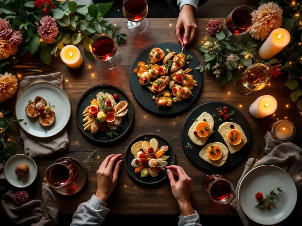 Luxe wijnproeverij van bovenaf met rode en witte wijnen, gastronomische hapjes op leisteen borden en warme kaarslicht