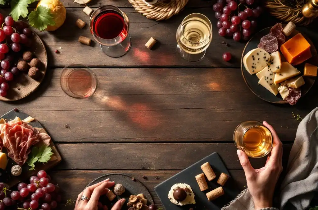Elegante wijnproeverij setup van bovenaf met rode, witte en mousserende wijnen, gourmet hapjes op leisteen borden op rustieke houten tafel