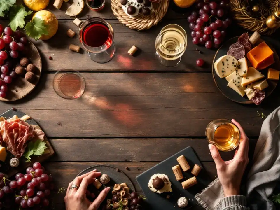 Elegante wijnproeverij setup van bovenaf met rode, witte en mousserende wijnen, gourmet hapjes op leisteen borden op rustieke houten tafel