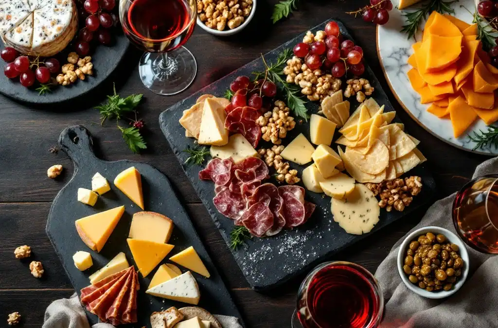 Luxe wijnproeverij met kaasplankjes, charcuterie, druiven en kristallen wijnglazen op donkere houten tafel