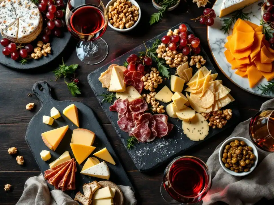 Luxe wijnproeverij met kaasplankjes, charcuterie, druiven en kristallen wijnglazen op donkere houten tafel