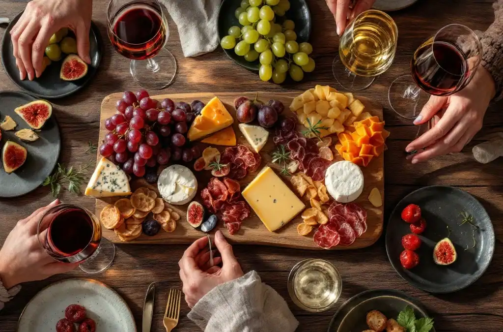 Elegante wijnproeverij met kaasplank, charcuterie en wijnglazen op rustieke houten tafel in warm goudkleurig licht