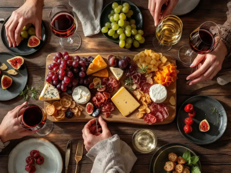 Elegante wijnproeverij met kaasplank, charcuterie en wijnglazen op rustieke houten tafel in warm goudkleurig licht