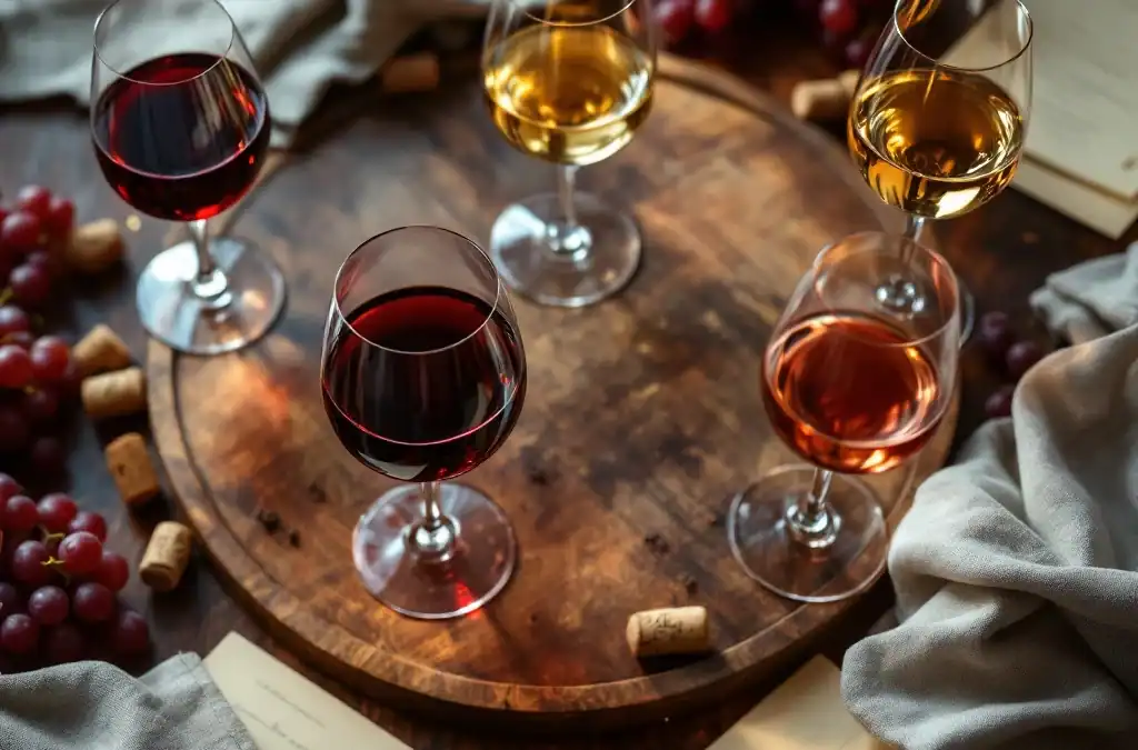 Luxe wijnproeverij van bovenaf met kristallen glazen rode, witte en rosé wijn op houten tafel met druiven en kurken