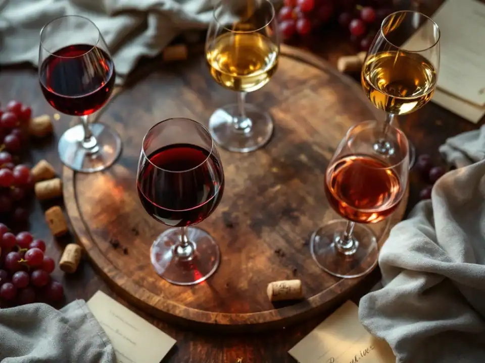 Luxe wijnproeverij van bovenaf met kristallen glazen rode, witte en rosé wijn op houten tafel met druiven en kurken