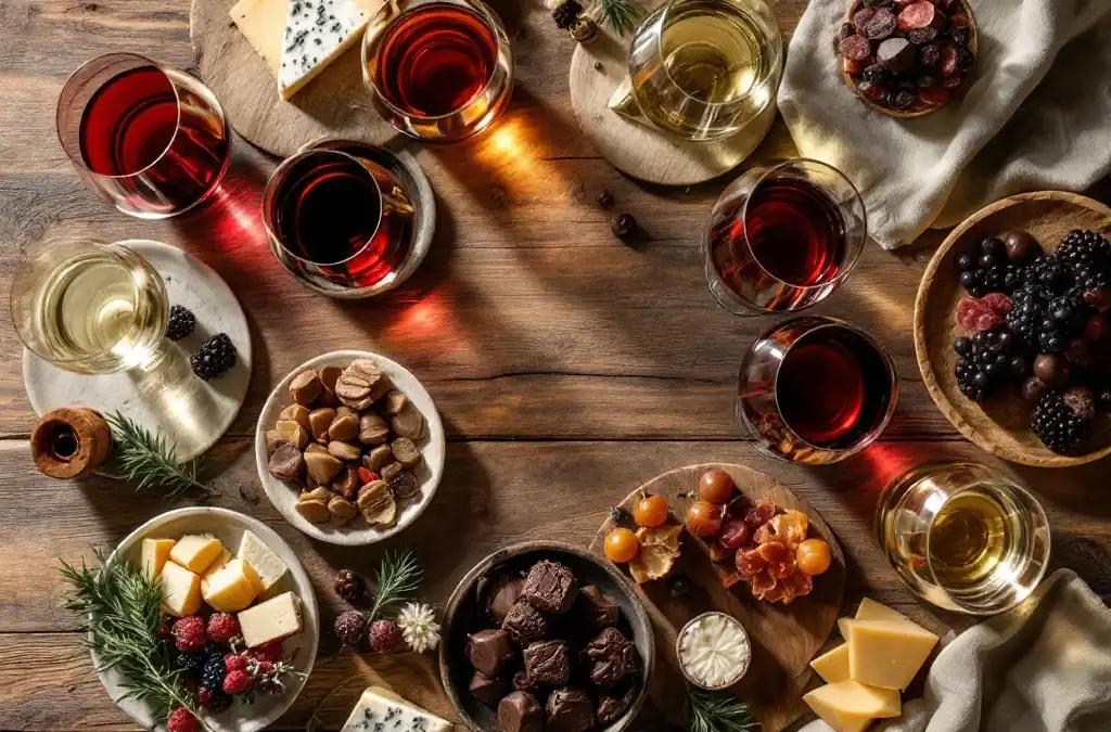 Luxe wijnproeverij van bovenaf met verschillende wijnen, kazen, charcuterie en chocolade op houten tafel bij Villa Flora