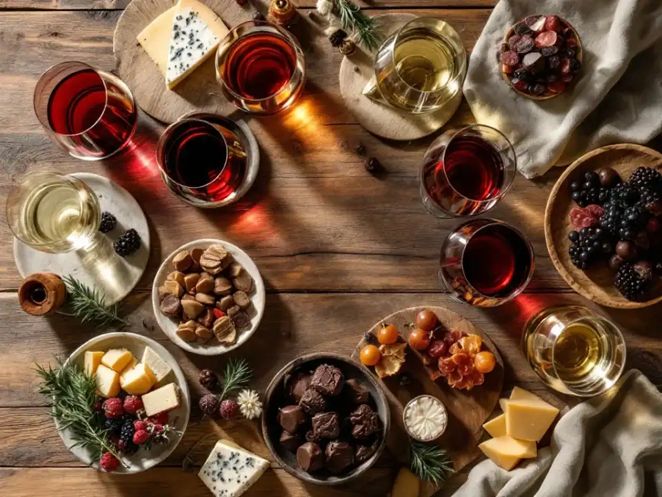 Luxe wijnproeverij van bovenaf met verschillende wijnen, kazen, charcuterie en chocolade op houten tafel bij Villa Flora