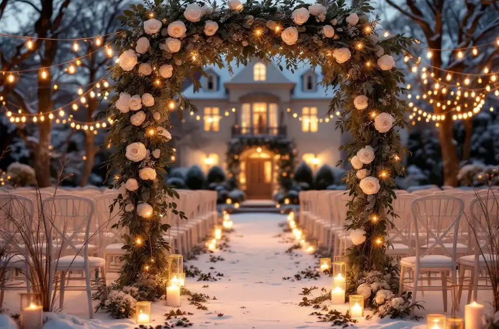 Winterhuwelijk ceremonie met witte stoelen op besneeuwde grond, gouden lichtjes en bloemenarch bij historische villa