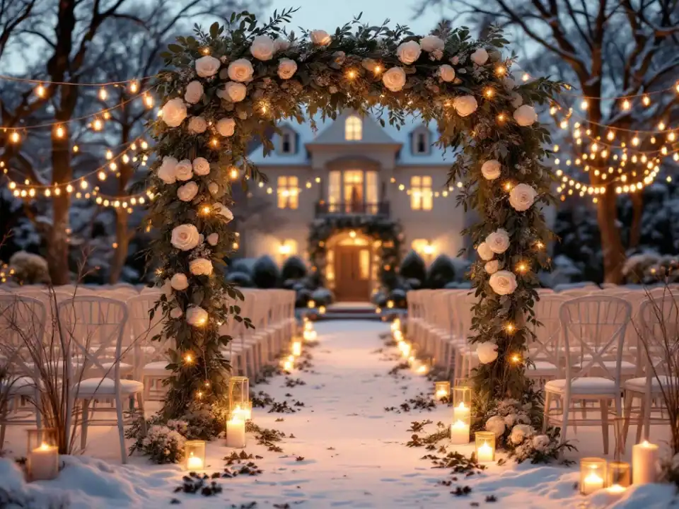 Winterhuwelijk ceremonie met witte stoelen op besneeuwde grond, gouden lichtjes en bloemenarch bij historische villa