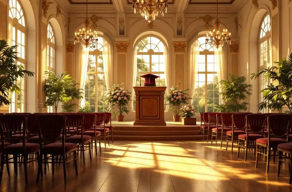 Elegante historische villa ingericht voor diploma-uitreiking met ornate kroonluchters, houten podium en gouden accenten