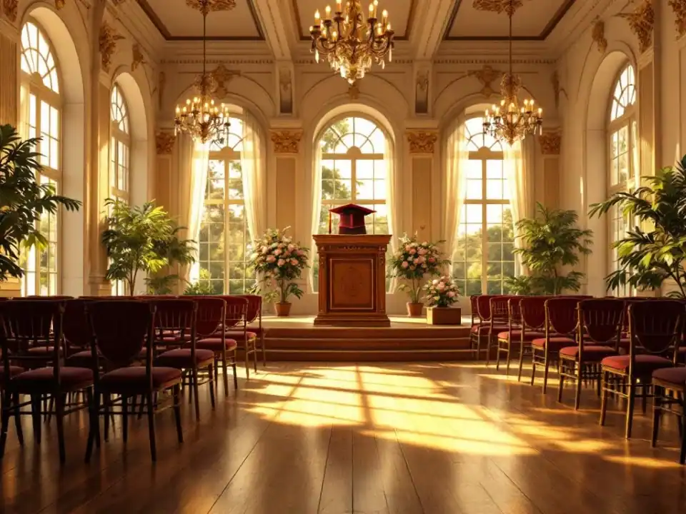 Elegante historische villa ingericht voor diploma-uitreiking met ornate kroonluchters, houten podium en gouden accenten