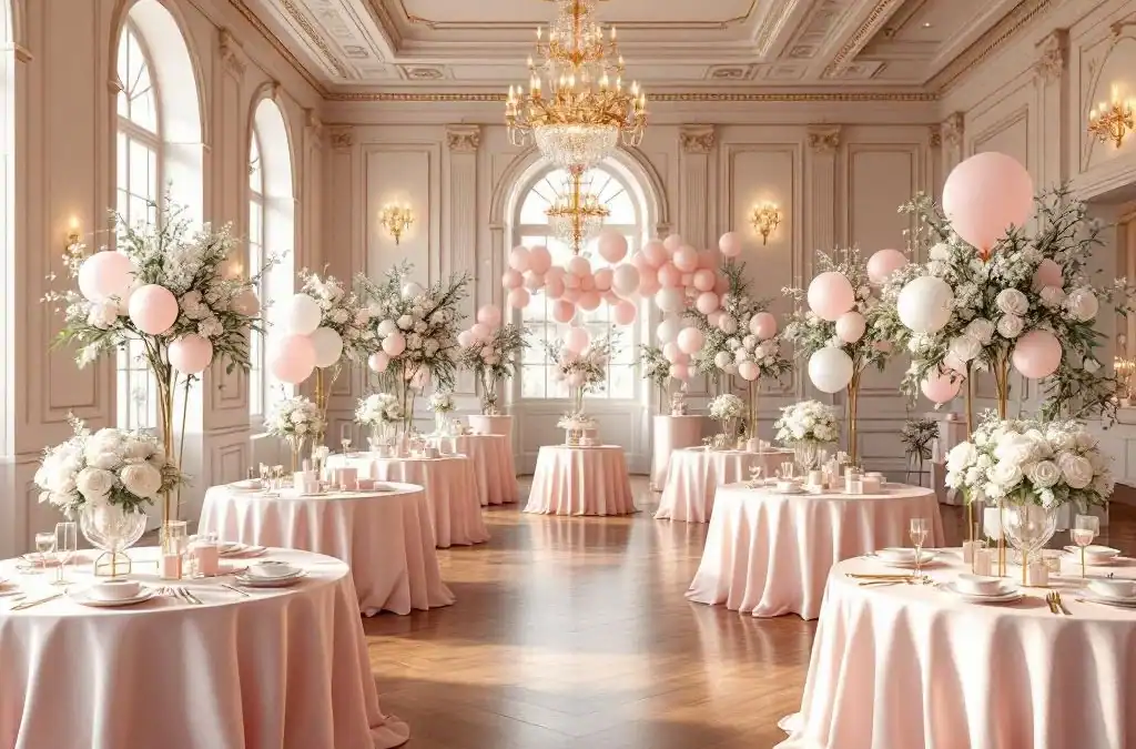 Elegante evenementenhal met roze en witte babyshower decoraties, ballonnen, bloemen en kristallen kroonluchters
