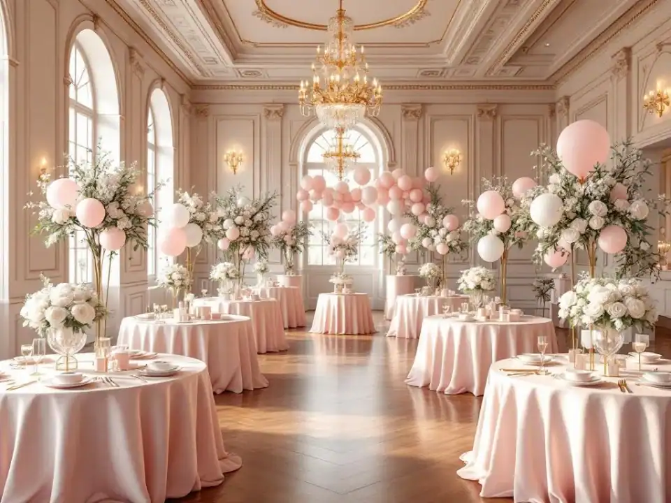 Elegante evenementenhal met roze en witte babyshower decoraties, ballonnen, bloemen en kristallen kroonluchters