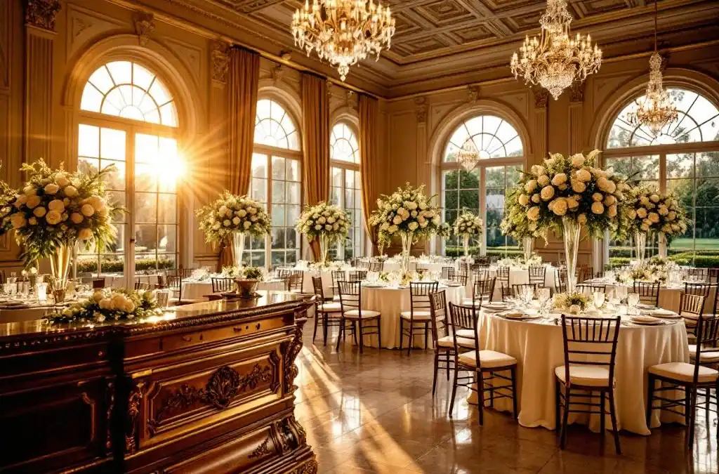 Luxe bruiloft receptiezaal met kristallen kroonluchters, witte rozen centerpieces en gouden uurtje verlichting