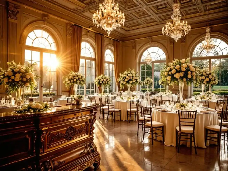 Luxe bruiloft receptiezaal met kristallen kroonluchters, witte rozen centerpieces en gouden uurtje verlichting