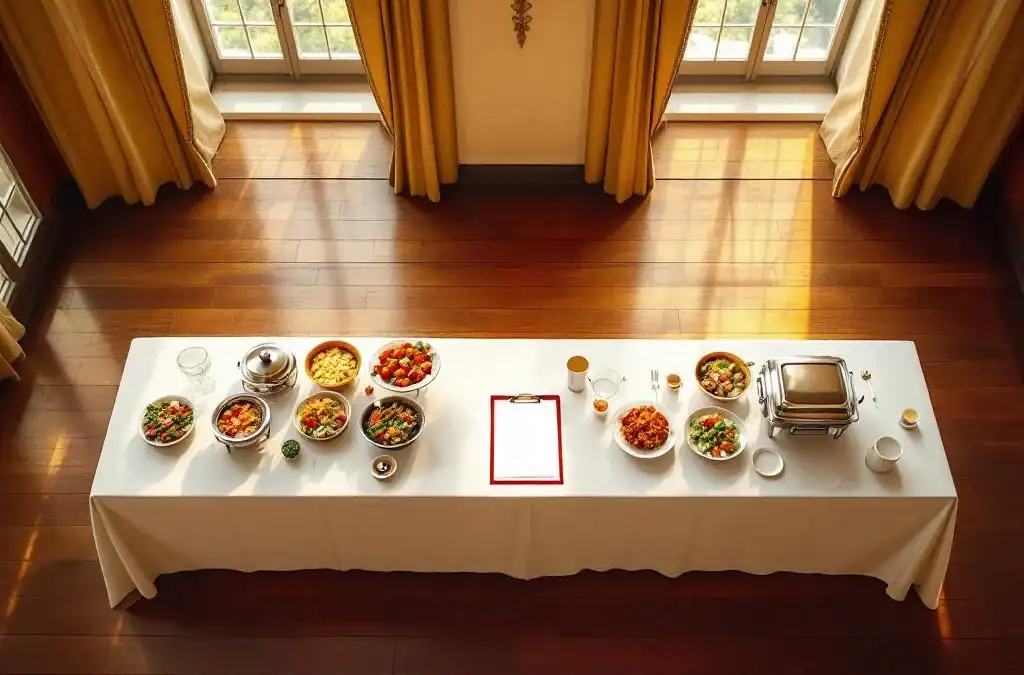 Elegante evenementenhal met professionele catering en zelfgemaakte gerechten op houten tafel, contract ertussen